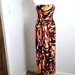 What's Hot Strapless Maxi-Dress, Black, Red & Yellow Print, Size Large